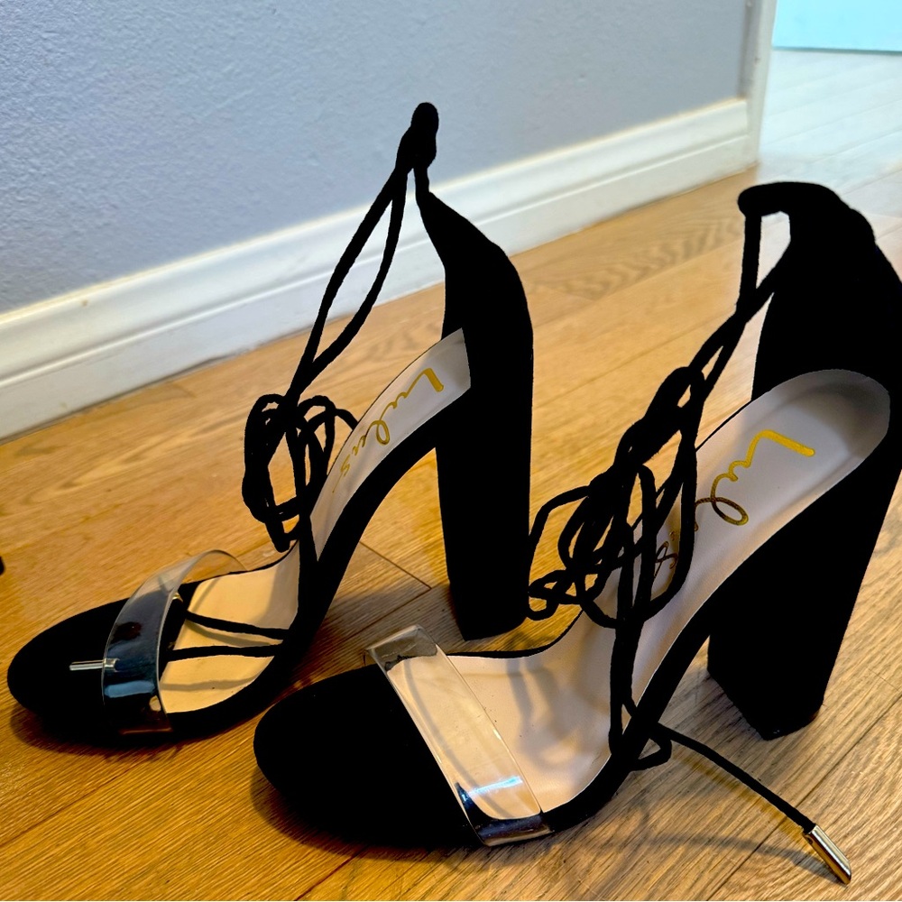 Lulus lace up black/clear heel sandals